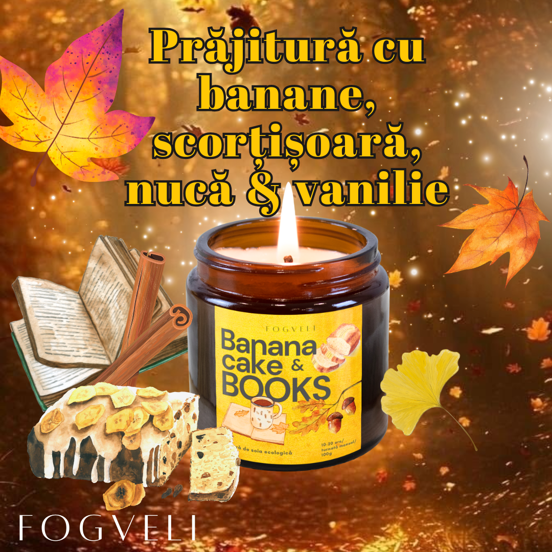 Lumânare Banana Cake & BOOKS - Banane, Nuci, Scorțișoară, Vanilie • Aromă foarte intensă 🔥