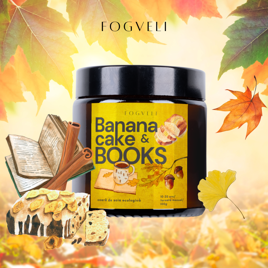Lumânare Banana Cake & BOOKS - Banane, Nuci, Scorțișoară, Vanilie • Aromă foarte intensă 🔥