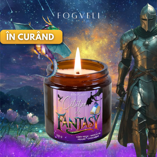 Lumânare Cititor de Fantasy 🦄 - Vanilie, Piele, Foi de cărți, Mușchi